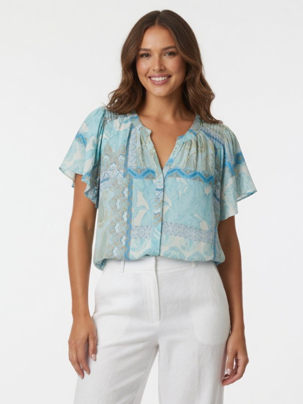 Light Blue Paisley Flutter Sleeve Top | Summer Boutique Blouse | Aqua Patchwork
